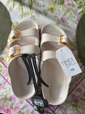Time and Tru Cream Double-Buckle Slide Sandals with Amber Buckles